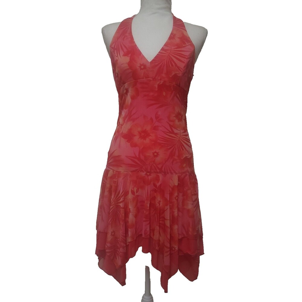 Vintage Y2K City Triangles Pink Orange Floral Hibiscus Handkerchief Halter Dress